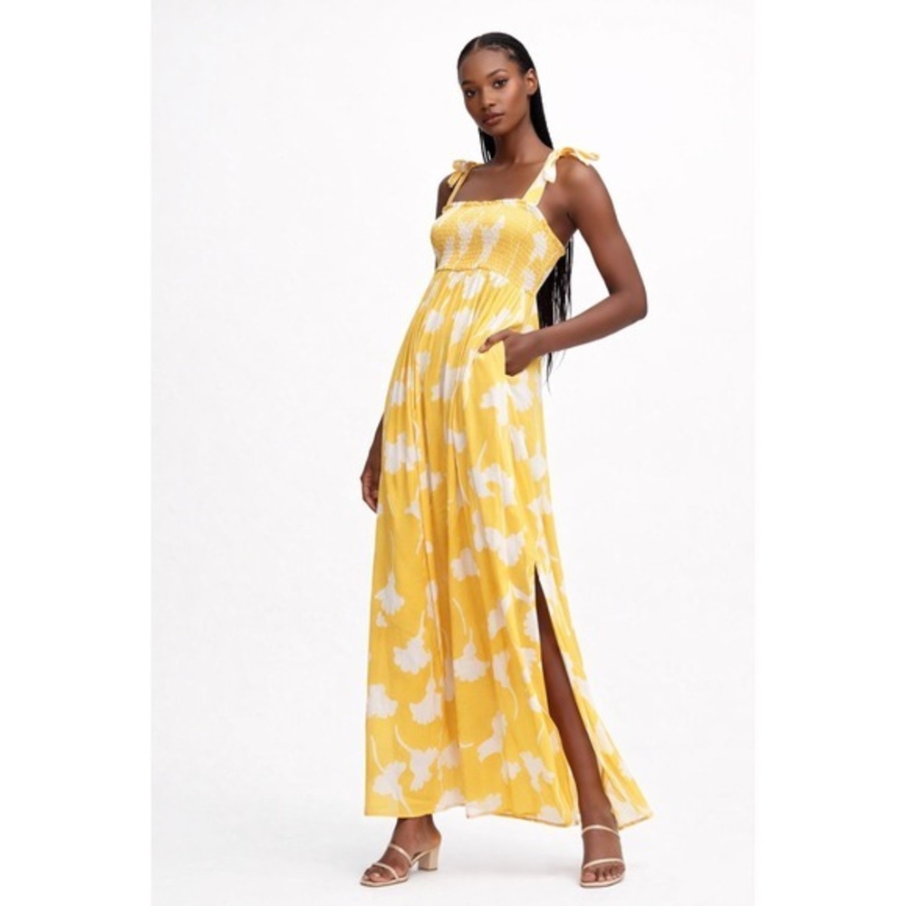 Diane Von Furstenberg Yellow Floral Smocked Maxi‎ Dress Tie Shoulder XS